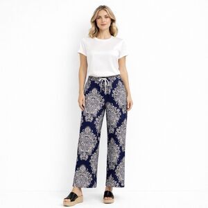 Joie Linen Blend Pants Damask Print Wide Leg Elastic  Drawstring Waist Size S